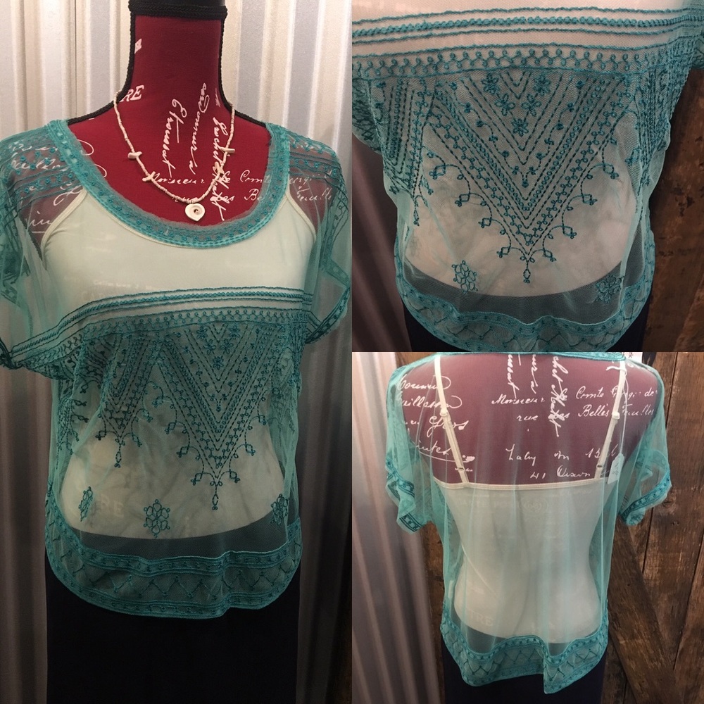Free People Size L Turquoise Embroidered sheer